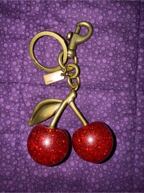 Coach Red Glitter Cherry Keychain Bag Charm with Antique Gold Hardware